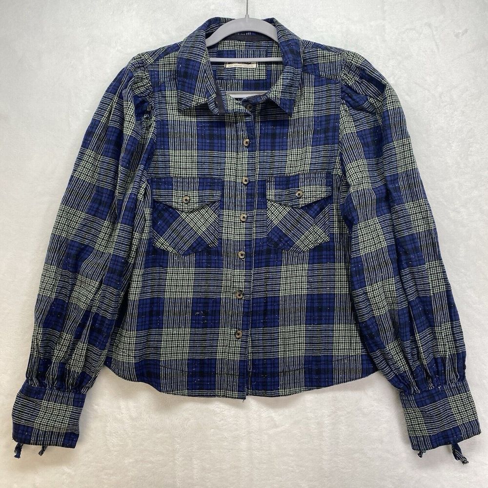 We the Free Flannel Blouse Womens S Blue Tie Sleeve Button Front Western Boho
